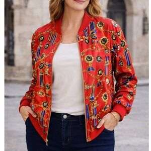 VTG Alfred Dunner Red Chain Medallion Full Zip Bomber Jacket Womens Sz 20(XL)